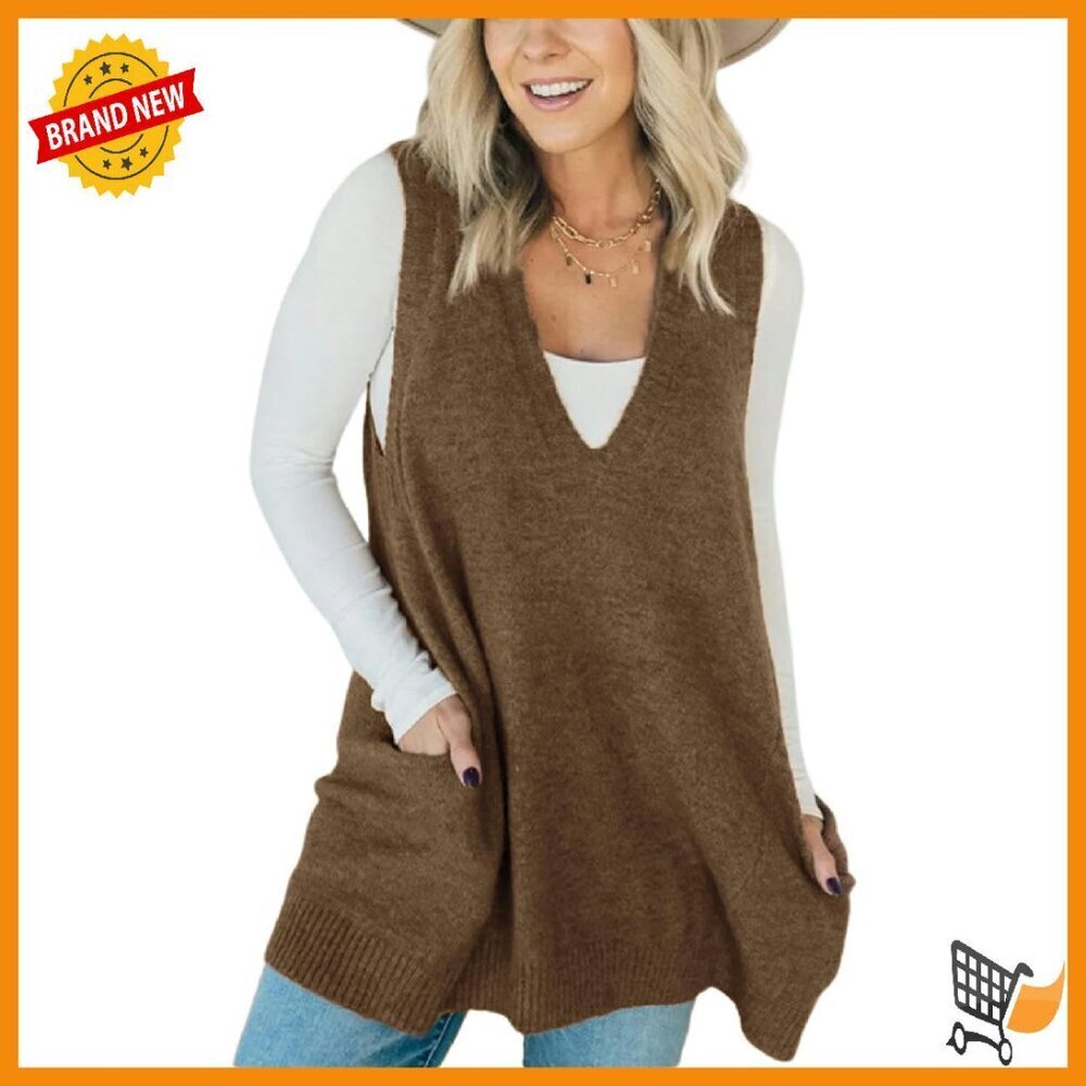 Women's V-Neck Sweater Vest Loose Fit Knit Tunic with Pockets